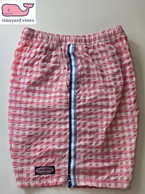 Vineyard Vines Chappy Mens Large Pink Gingham Swim Trunks & Blue Racing Stripes